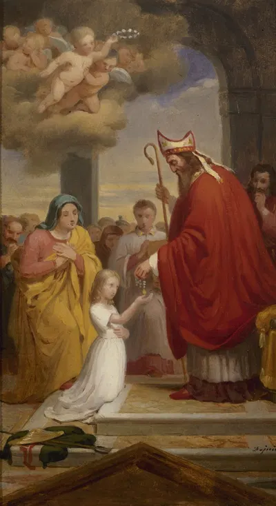 Consécration de sainte Geneviève par saint Germain, évêque d'Auxerre by Франсуа-Луи Дежюин, 1830 — digital art print download