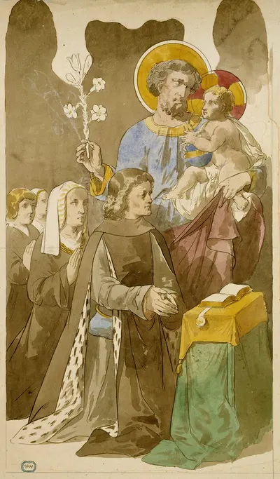 Saint-Joseph et l'Enfant Jésus parmi une famille en prière by Проспер Лафай — digital art print download