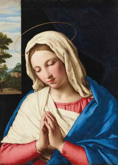The Madonna at prayer, a landscape beyond by Джованни Баттиста Сальви да Сассоферрато — digital art print download