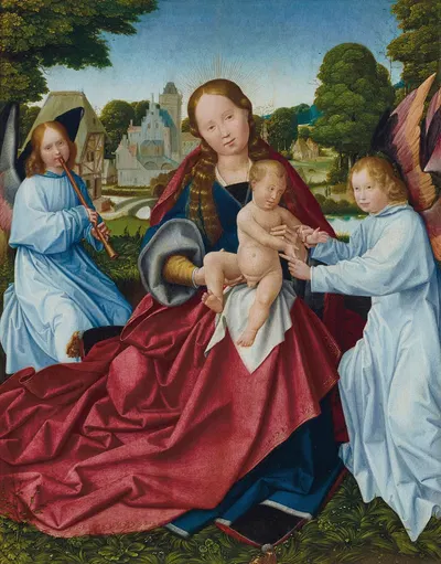 The Virgin and Child with angels in a landscape, a village beyond by Ян Провост — digital art print download
