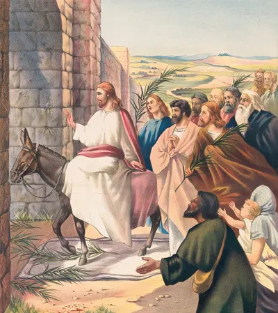 Jesus riding into Jerusalem by Stecher Litho. Co, 1905 — digital art print download