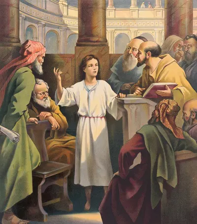 The boy Jesus in the temple by Stecher Litho. Co, 1905 — digital art print download