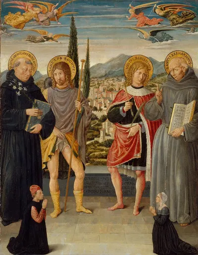 Saints Nicholas of Tolentino, Roch, Sebastian, and Bernardino of Siena, with Kneeling Donors by Benozzo Gozzoli, 1481 —…