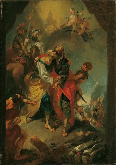 Abschied der Apostel Petrus und Paulus vor ihrem Martertod by Франц Антон Маульберц — digital art print download