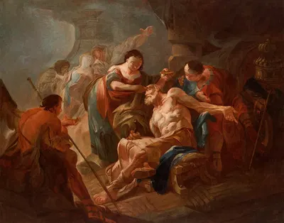Der junge Tobias heilt seinen Vater mit der Fischgalle by Franz Sigrist the elder, 1753 — digital art print download