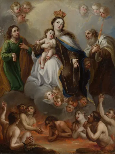 The Virgin of Carmen and the Souls of Purgatory with St. Joseph and the Prophet Elijah by Juan Francisco de Aguilera —…