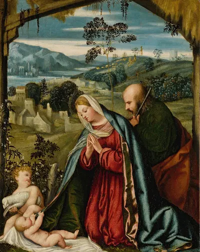 The Holy Family in a landscape by Моретто да Брешия — digital art print download