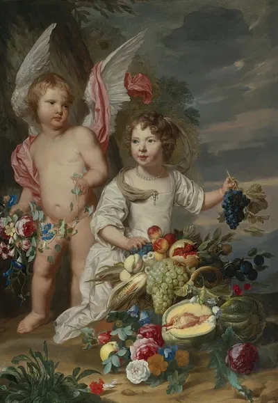 A Young Girl With An Angel In A Landscape by Frans van Everbroeck — digital art print download