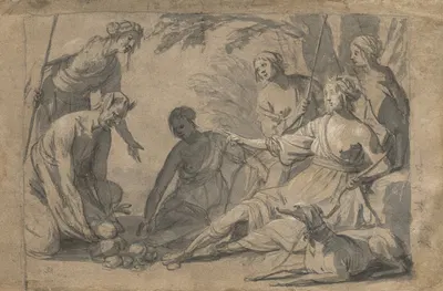 Diana and Four Nymphs Receiving Gifts from a Satyr by Жерар ван Хонтхорст, c. 1630 — digital art print download