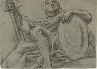 Seated Warrior Holding a Sword and Shield (recto) by Giacomo Cavedone, c. 1612 — digital art print download