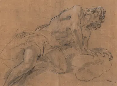 Nude Youth Leaning on a Cloud and Gazing Upward by Джованни Баттиста Бейнаски, c. 1675 — digital art print download