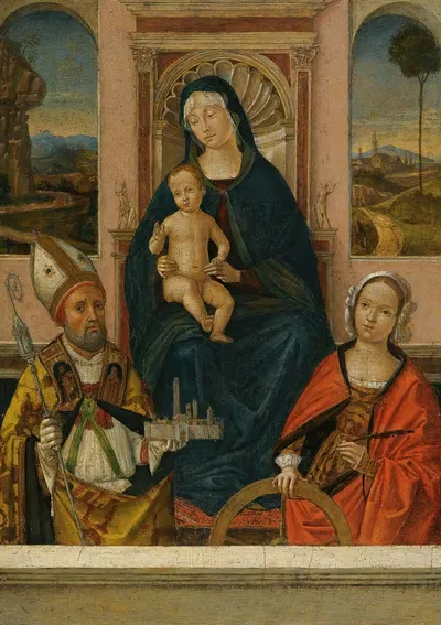 The Madonna And Child Enthroned With Saints Petronius And Catherine Of Alexandria by Bernardino di Bosio Zaganelli —…