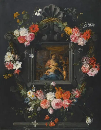 A Garland Of Flowers Surrounding The Virgin And Child by Ян Брейгель младший — digital art print download