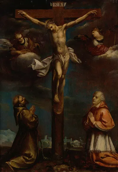 The Crucifixion With St Francis, A Cardinal And Two Angels by Lombard School — digital art print download