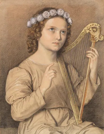 Blumenbekränztes Mädchen mit Harfe (Heilige Cäcilie) by Marie Ellenrieder, 1850 — digital art print download