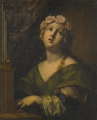 St. Cecilia Wearing A Crown Of Flowers, Playing An Organ by Onorio Marinari — digital art print download