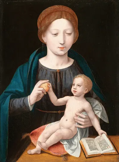 The Virgin And Child With An Apple And An Open Book by Мастер женских полудлинных портретов — digital art print download