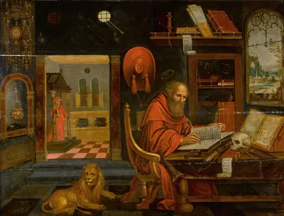 Saint Jerome in his study, with the lion by Антверпенская школа — digital art print download