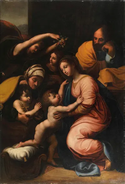 The Holy Family with Saint Elizabeth, the Infant John and two Angels by Последователь Рафаэля — digital art print download
