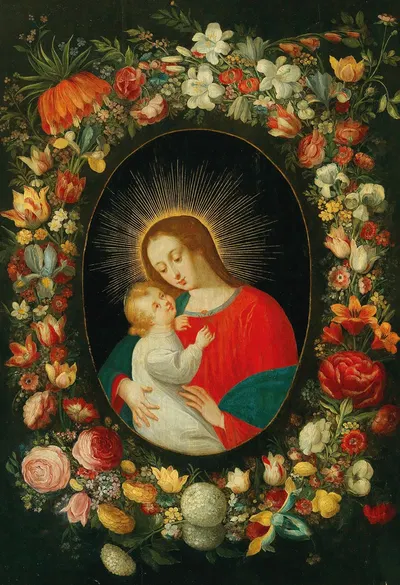 The Virgin and Child in a cartouche surrounded by a garland of flowers by Jan Brueghel the Younger — digital art print…