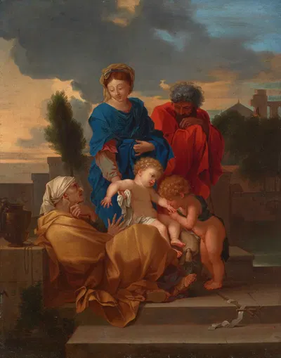 The Holy Family with Saint Elizabeth and the infant Saint John the Baptist by Себастьен Бурдон — digital art print download