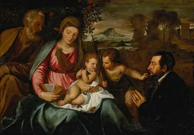 The Holy Family with Saint John the Baptist and a donor by Последователь Тициана — digital art print download
