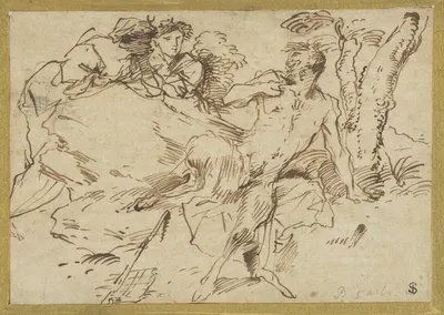 Two Nymphs and a Satyr by Джованни Бенедетто Кастильоне, 1640-1647 — digital art print download