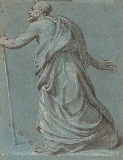 Study of a Man Walking towards the Left Holding a Staff by Джироламо Сициоланте да Сермонета — digital art print download