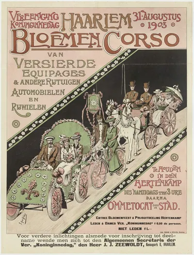 Bloemencorso van versierde equipages & andere rijtuigen – Automobielen en Rijwielen by Эмрик и Бингер, 1903 — digital art…