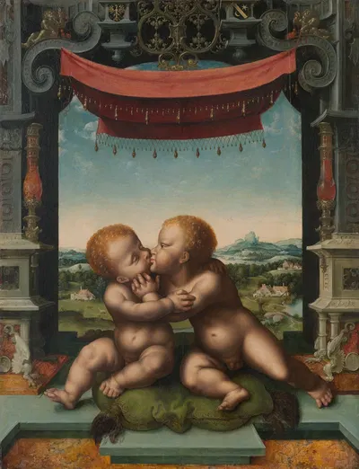 The Infants Christ and Saint John the Baptist Embracing by Workshop of Joos van Cleve — digital art print download
