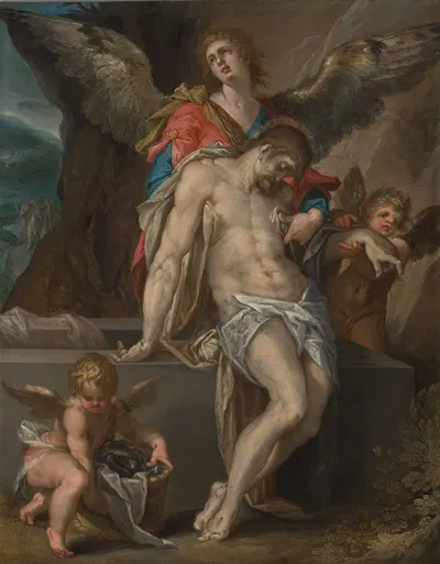 Engelen dragen het lichaam van Christus (Engelenpietà) by Bartholomaeus Spranger, c. 1587 — digital art print download