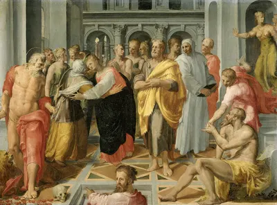 Visitation (Meeting of Mary and Elizabeth in the Presence of Saints Joseph and Jerome) by Circle of Pellegrino Tibaldi,…