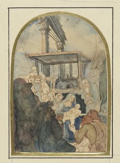 Studie voor een aanbidding der koningen, op de achtergrond een ruïne met twee Corinthische zuilen by Родольф Бреден, 1832 -…