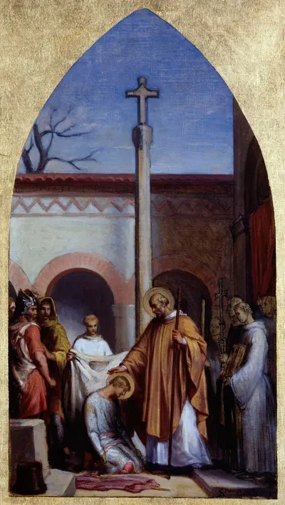 Saint Séverin le solitaire donnant l'habit monastique à saint Cloud by Себастьен Мельхиор Корню, 1850 — digital art print…