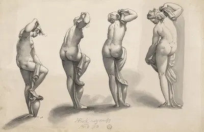 Frauenakt in vier Ansichten. Studien nach der Kleinen Venus (Kleine Badende) von Giambologna by Ганс Бок старший, 1590 —…