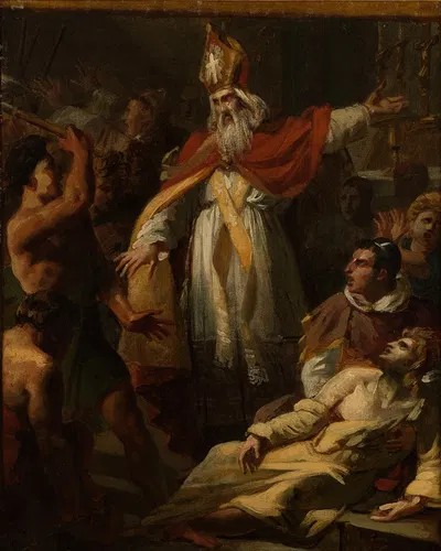 Saint Ambroise sauvant un prêtre arien de la fureur du peuple by Pierre-Augustin Vafflard, 1819 — digital art print download
