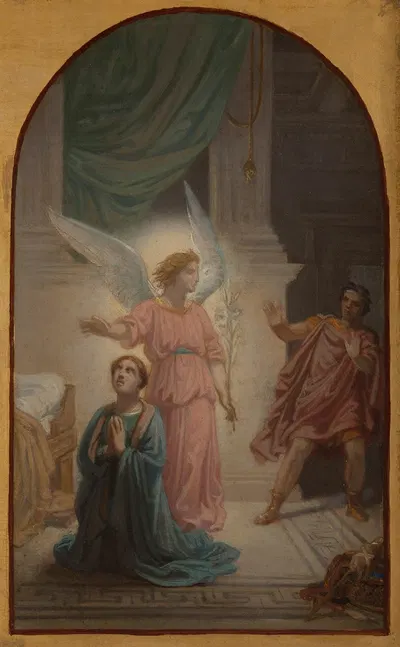 Maximien reculant à la vue de l'ange qui protège sainte Suzanne by Себастьен Норблин де ла Гурден, 1857 — digital art print…