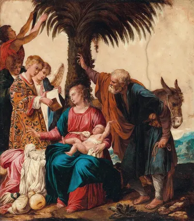 The Rest during the flight into Egypt, with a Deacon and three Angels by Carlo Saraceni — digital art print download