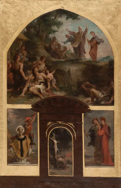 Prédication de saint Denis et conversion des Gaulois. Décollation de saint Denis. Christ en croix. Saint Rustique et saint…