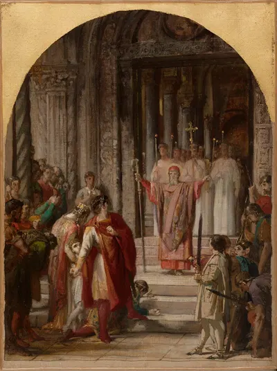 Saint Ambroise interdit l'entrée du lieu saint à l'empereur Théodose, coupable du meurtre des habitants d'Antioche. by…