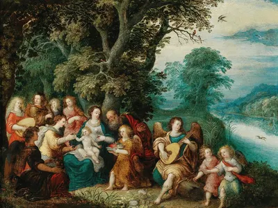 The Holy Family with music-making angels in a landscape by Луи де Кольери — digital art print download