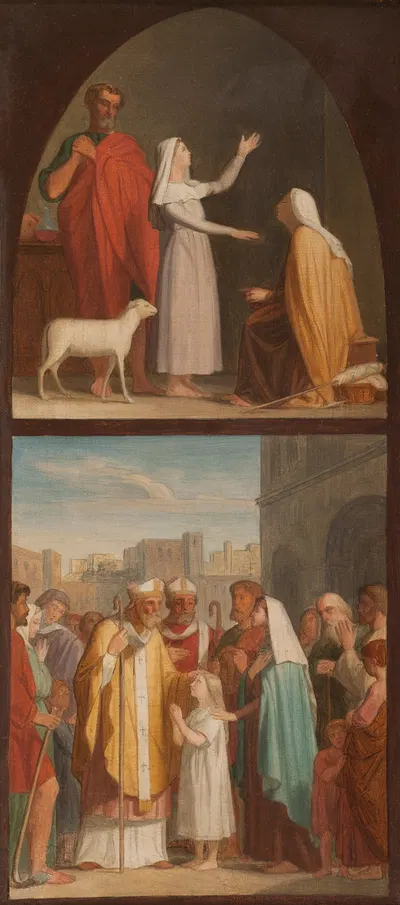 Sainte Geneviève guérit sa mère aveugle. Saint Germain d'Auxerre et saint Loup prédisent aux parents de Sainte Geneviève la…