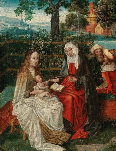 The Virgin and Child with Saint Anne in an enclosed garden, with Joachim and Joseph beyond by Antwerp School — digital art…