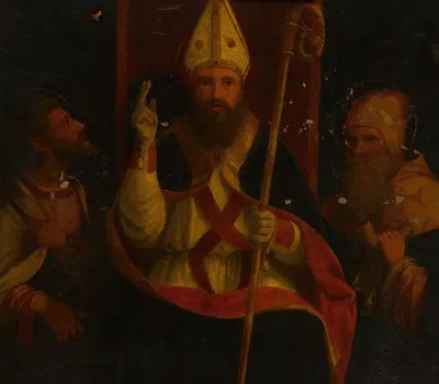 Saint Augustine enthroned with Saint Anthony Abbot and another saint by Андреа Превитали — digital art print download