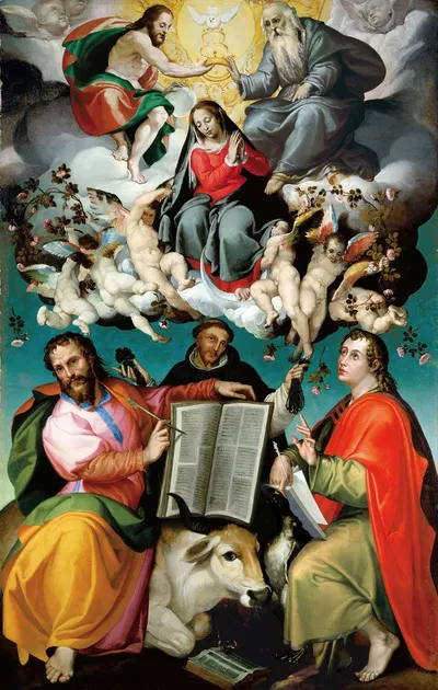 The Coronation of the Virgin with Saints Luke, Dominic, and John the Evangelist by Bartolomeo Passarotti — digital art…