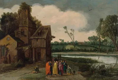 A landscape with Christ and the Canaanite Woman by Эсайас ван де Вельде, 1617 — digital art print download