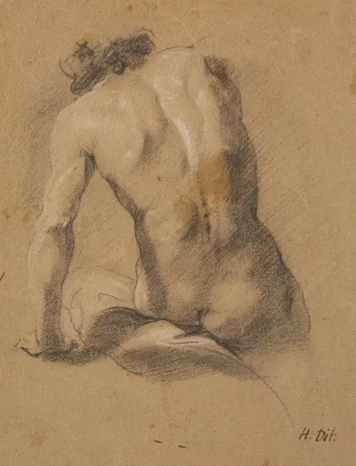 Siddende mandlig model, set fra ryggen by Heinrich Dittmers, 1625 – 1677 — digital art print download