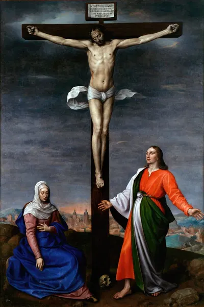 La obra muestra a Jesucristo crucificado junto a la Virgen María y San Juan Evangelista by Антонис Мор, 1573 — digital art…