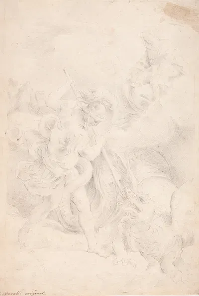 Den hellige Georg kæmper med dragen by Хендрик Крок, 1686 – 1738 — digital art print download