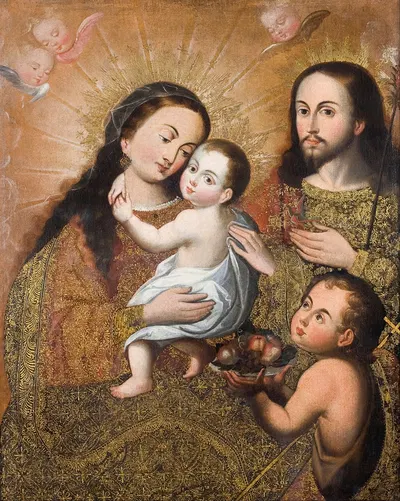 Holy Family with Saint John and a Goldfinch by Cusco School — digital art print download